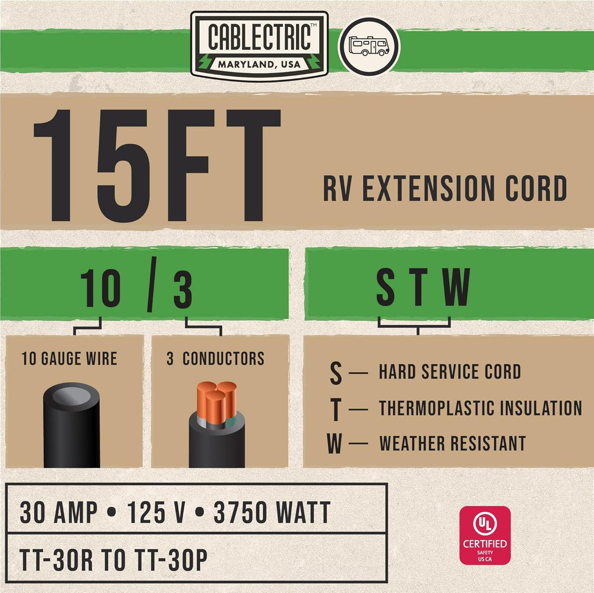 30 Amp 10/3 15 Ft STW RV Extension Cord Z235256