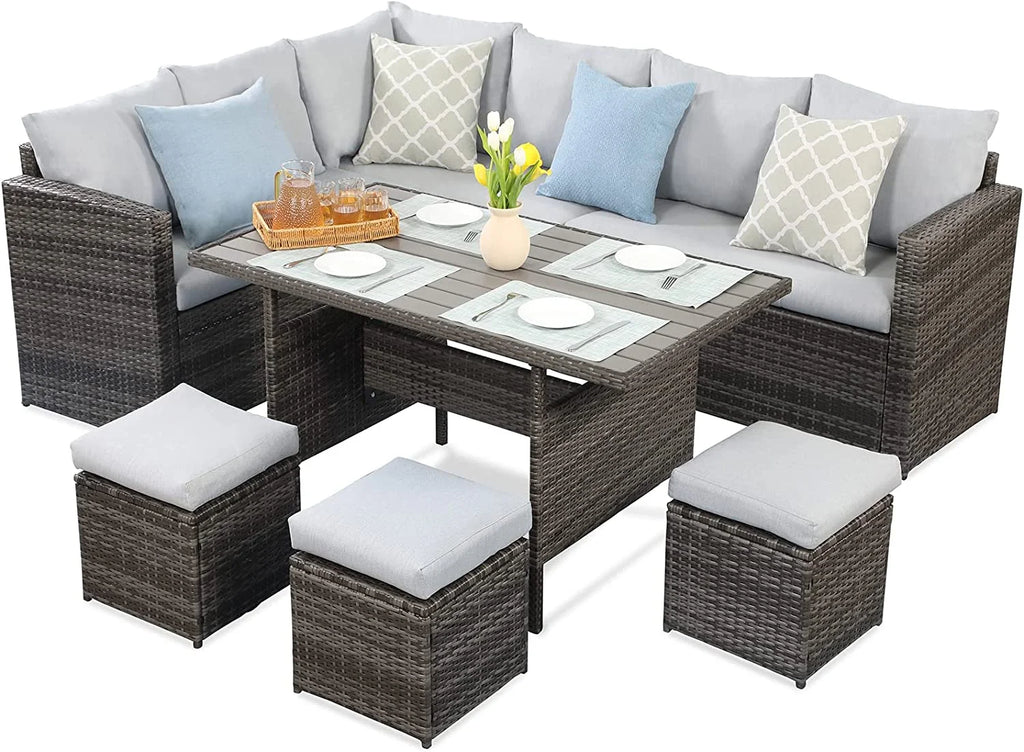 7 Piece Outdoor Dining Sectional Sofa with Dining Table and Chair Grey H460