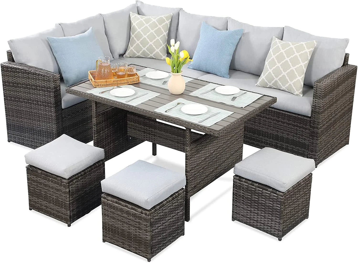 7 Piece Outdoor Dining Sectional Sofa with Dining Table and Chair Grey H460