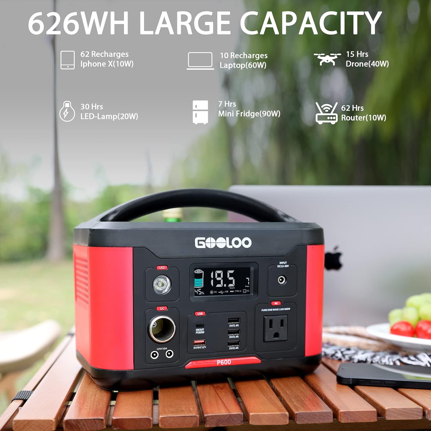 Portable Power Station 626Wh 600W AC Outlets Lithium Battery Y911