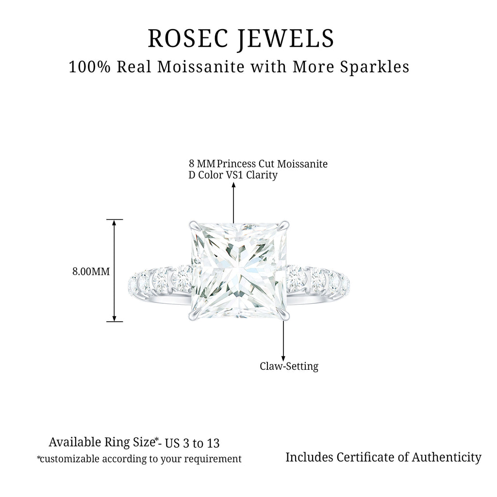 Princess Cut Moissanite Solitaire Engagement Ring with Side Stones, 925 Sterling Silver K218