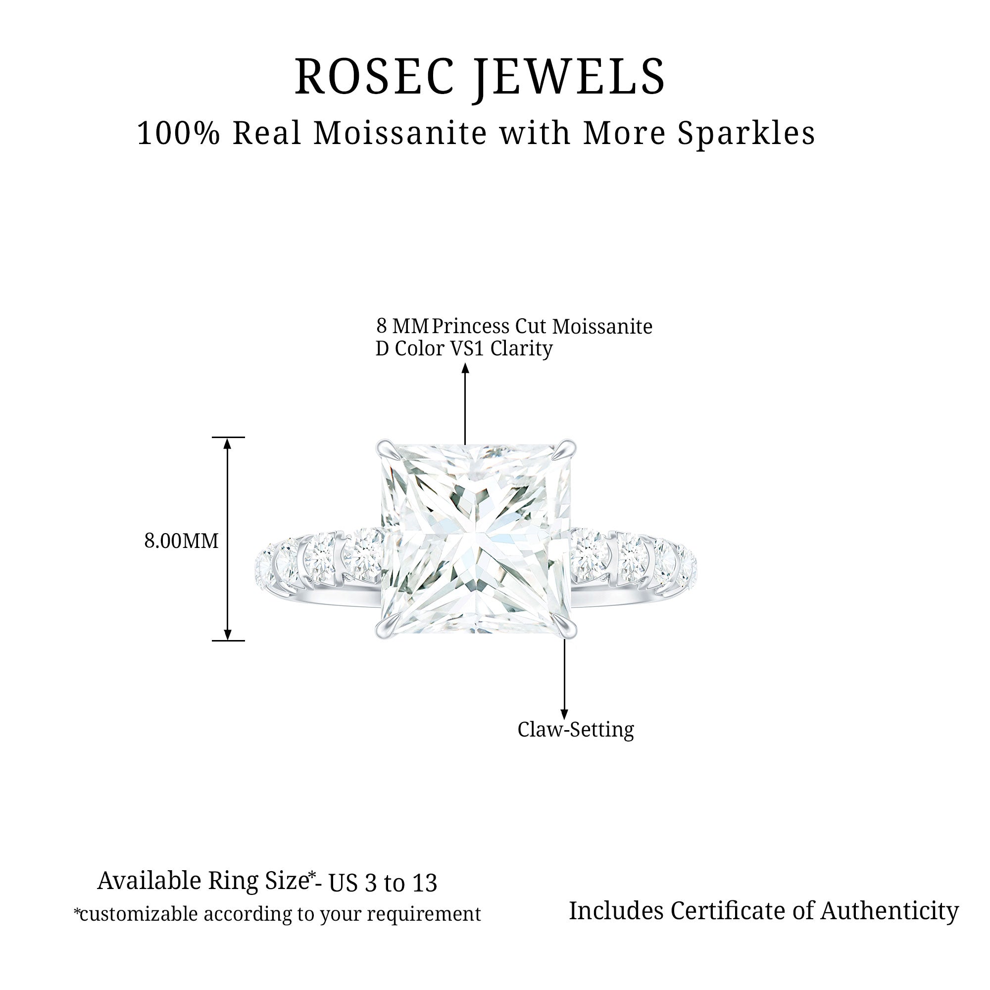 Princess Cut Moissanite Solitaire Engagement Ring with Side Stones, 925 Sterling Silver K218