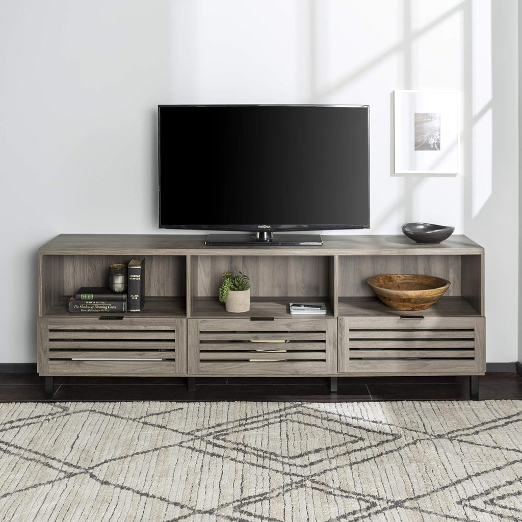 Slatted Wood TV Stand, 70 Inch, Slate Grey S542410