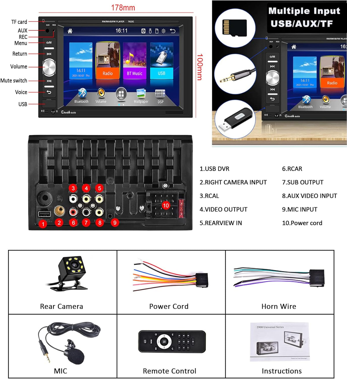 6.2" Touch Screen Car Stereo with Carplay Android Auto Bluetooth Backup Camera H26084
