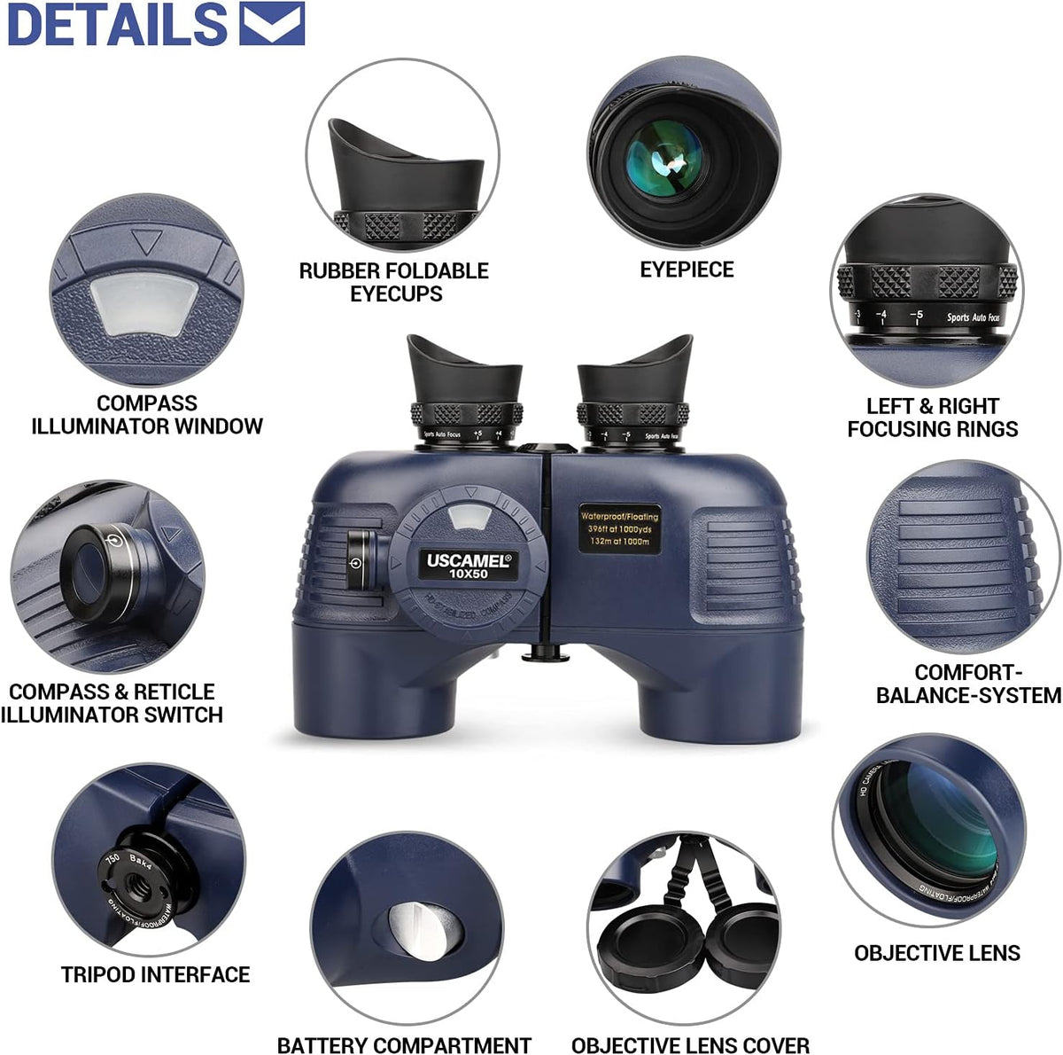 10×50 IPX7 Waterproof Marine Binoculars with Rangefinder Compass BAK4 Prism FMC Lens E72372