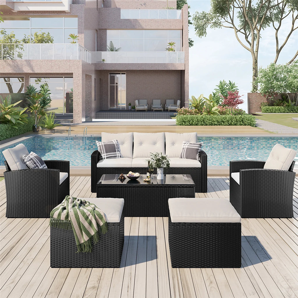 6pcs Outdoor Patio Furniture Set with Coffee Table, Wicker Sofas, Ottomans, Removable Cushions (Beige) R94336