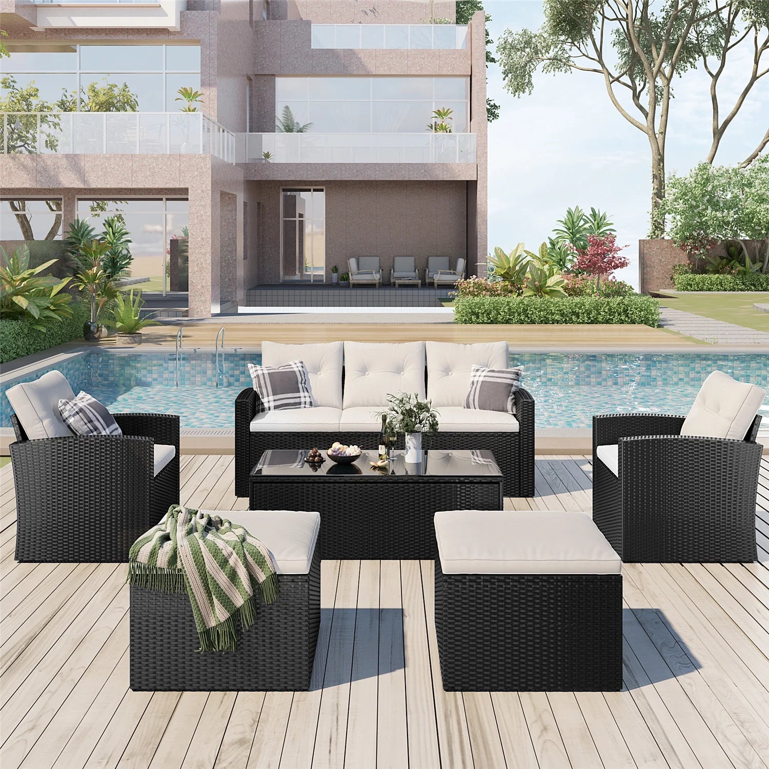 6pcs Outdoor Patio Furniture Set with Coffee Table, Wicker Sofas, Ottomans, Removable Cushions (Beige) R94336