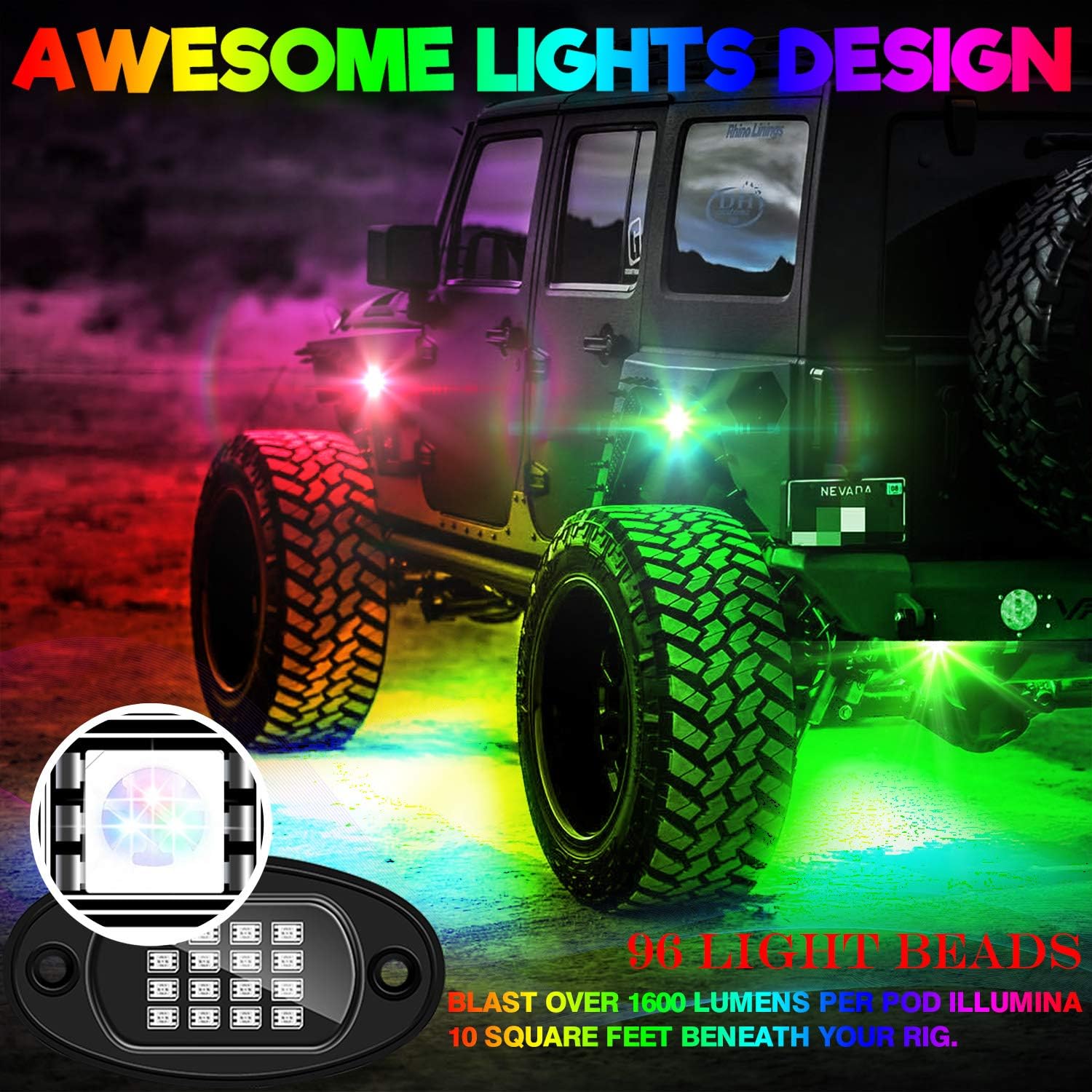 6-Pack LED RGB Neon Underglow Pod Rock Lights Kit, 96LEDs, Waterproof 12V Y5760