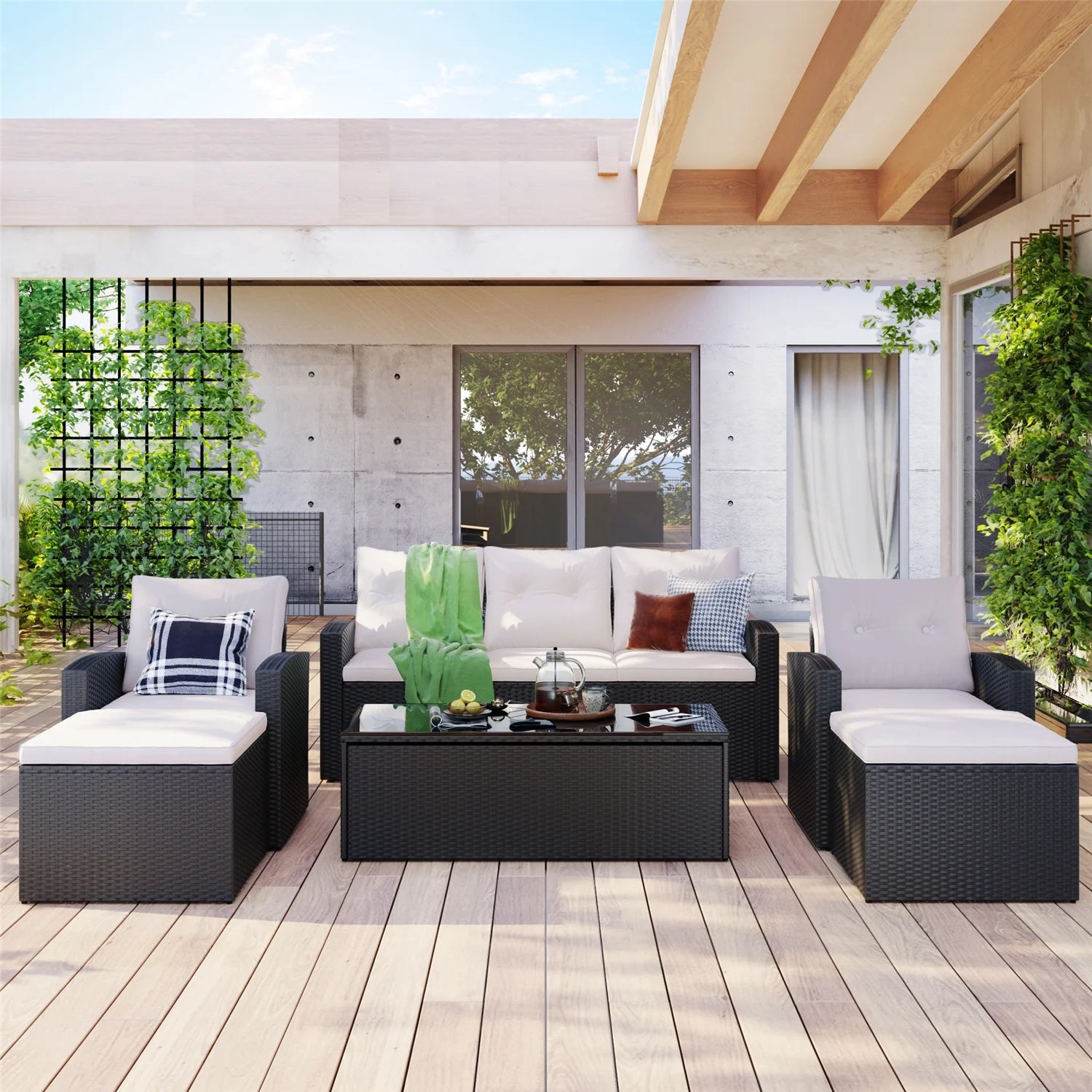 6pcs Outdoor Patio Furniture Set with Coffee Table, Wicker Sofas, Ottomans, Removable Cushions (Beige) R94336