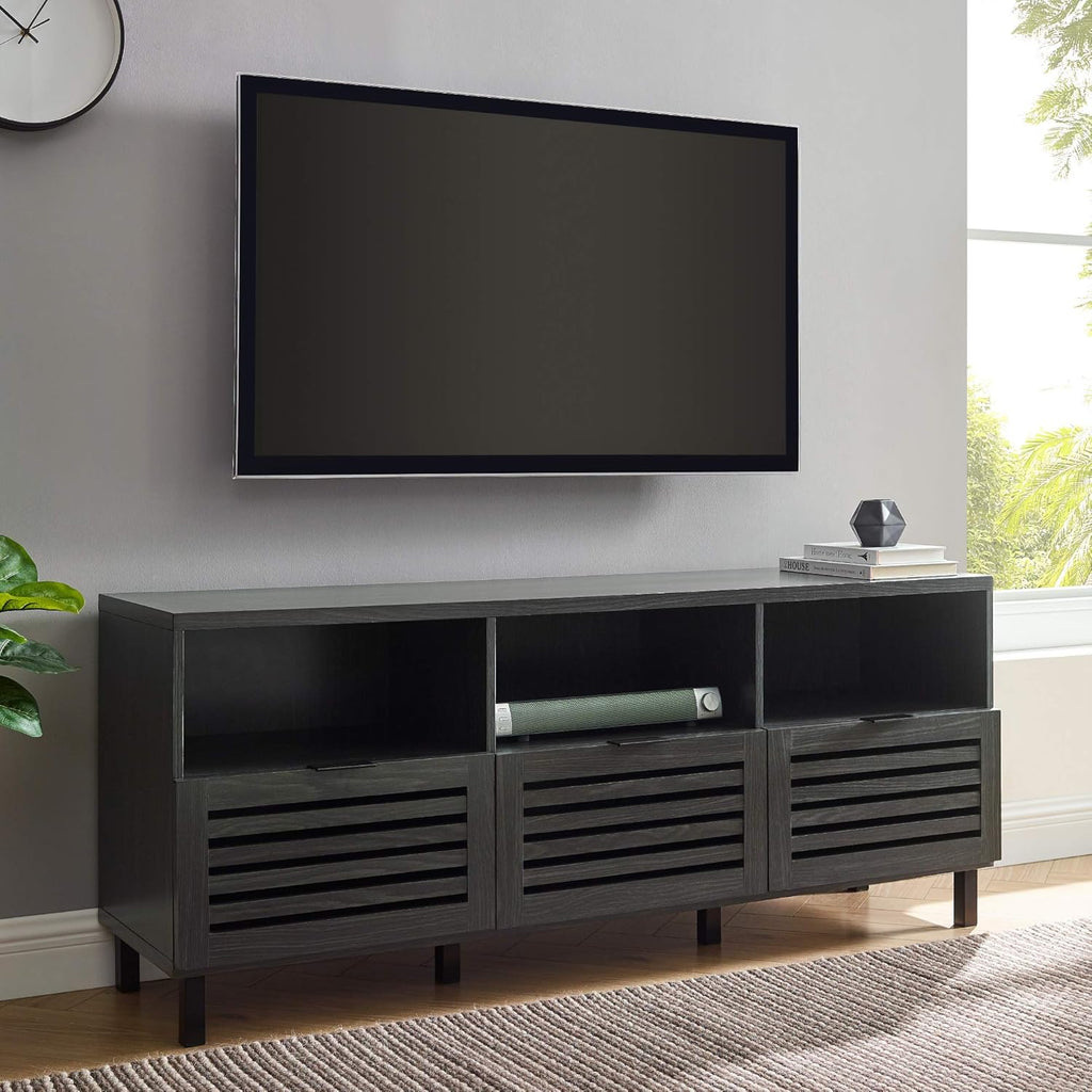 Slatted Wood TV Stand, 70 Inch, Slate Grey S542410