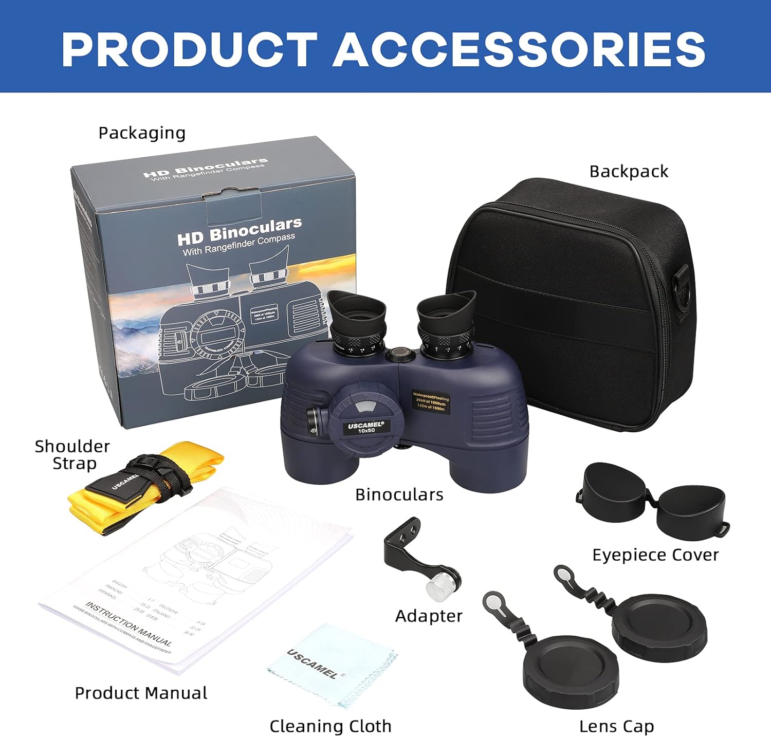 10×50 IPX7 Waterproof Marine Binoculars with Rangefinder Compass BAK4 Prism FMC Lens E72372