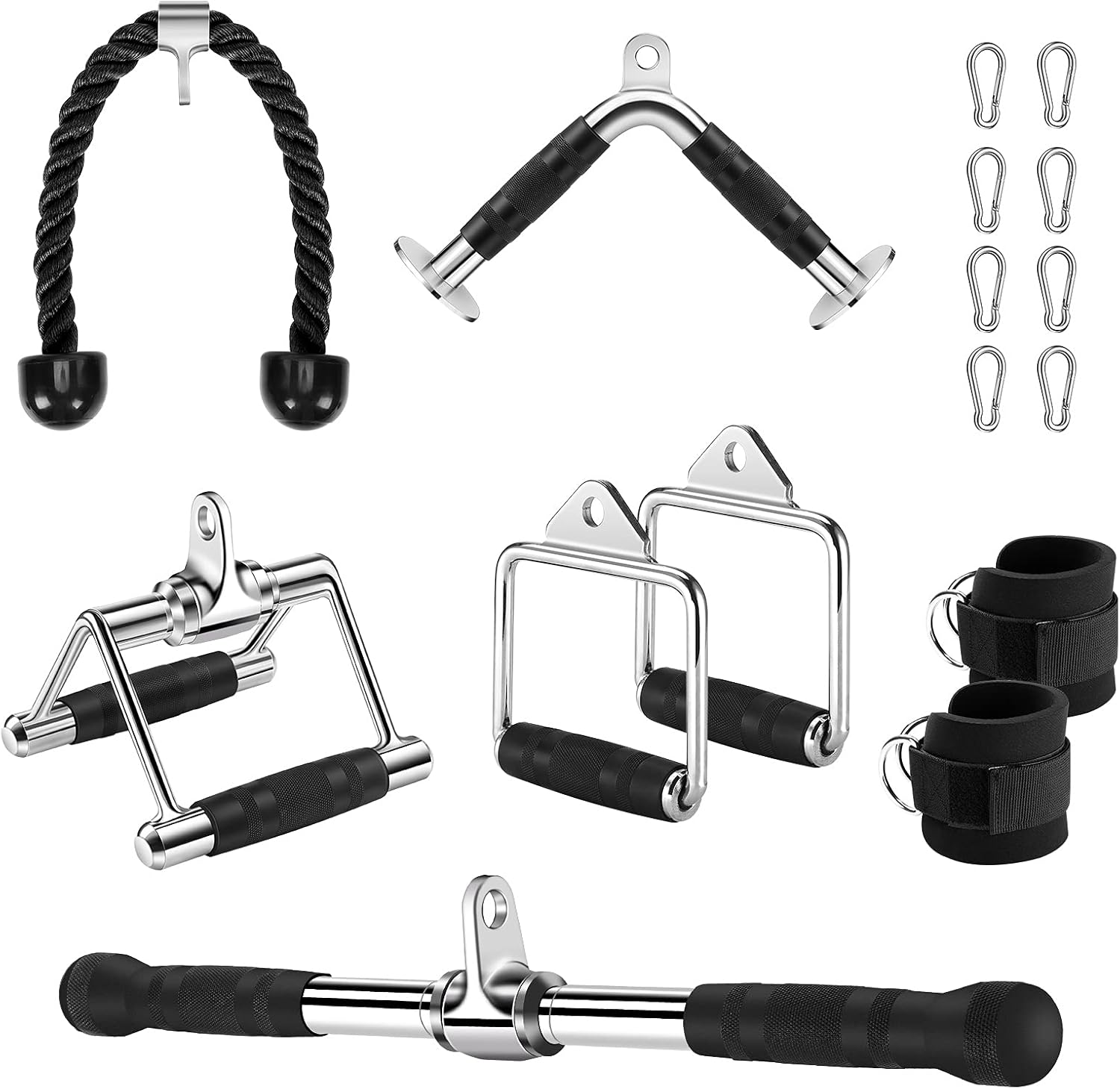 Cable Machine Attachments with Tricep Rope, V Shaped Bar, Straight Bar, Double D Handles, Ankle Straps Q19431