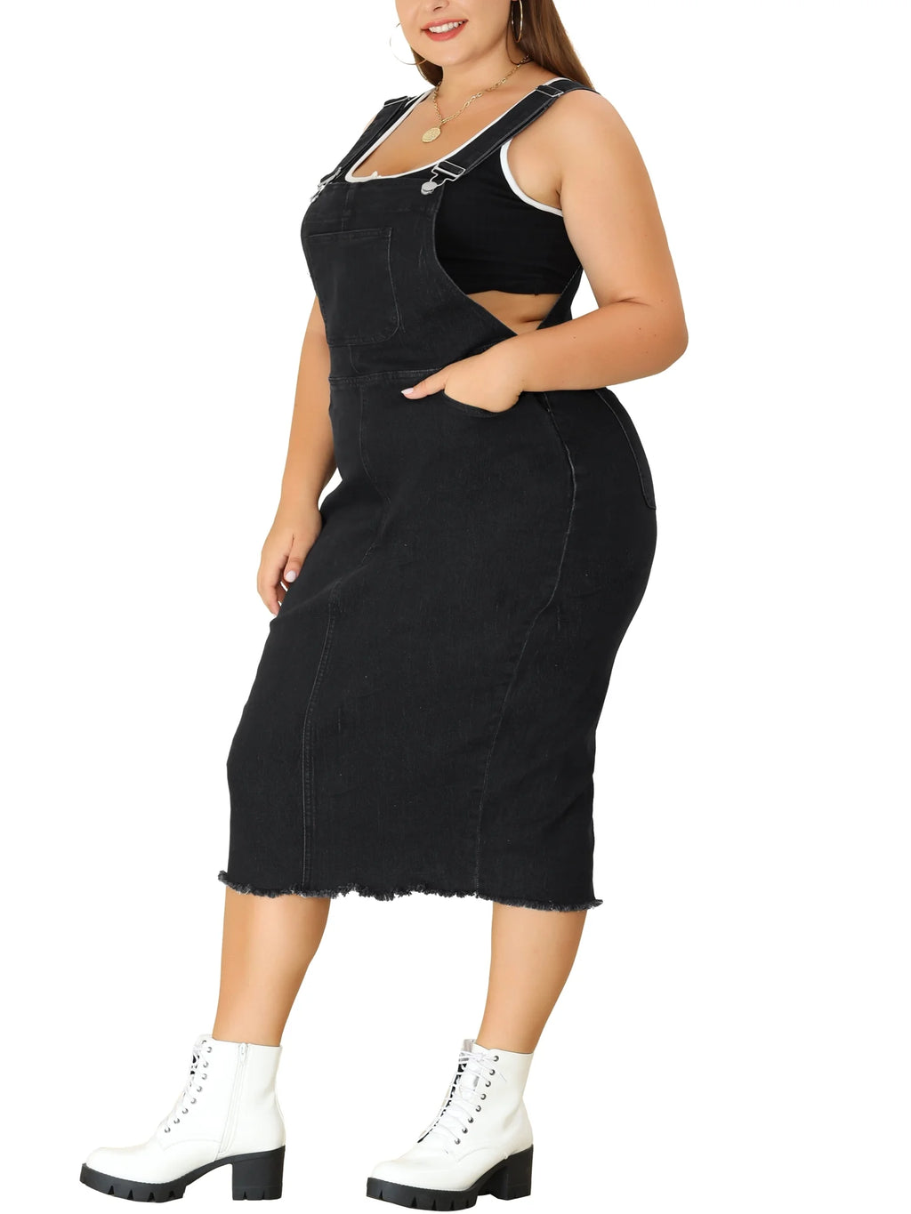 Plus Size Bodycon Raw Hem Denim Midi Overall Dresses C770336