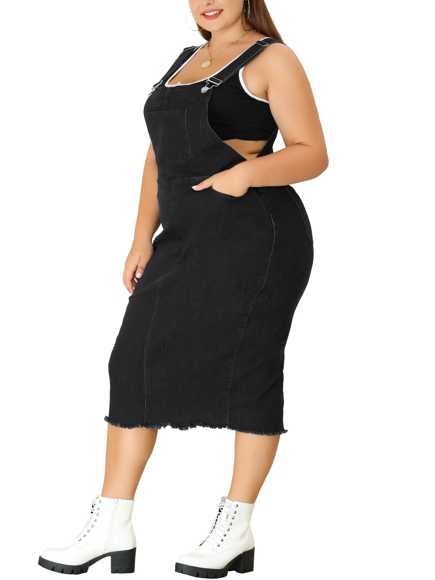 Plus Size Bodycon Raw Hem Denim Midi Overall Dresses C770336