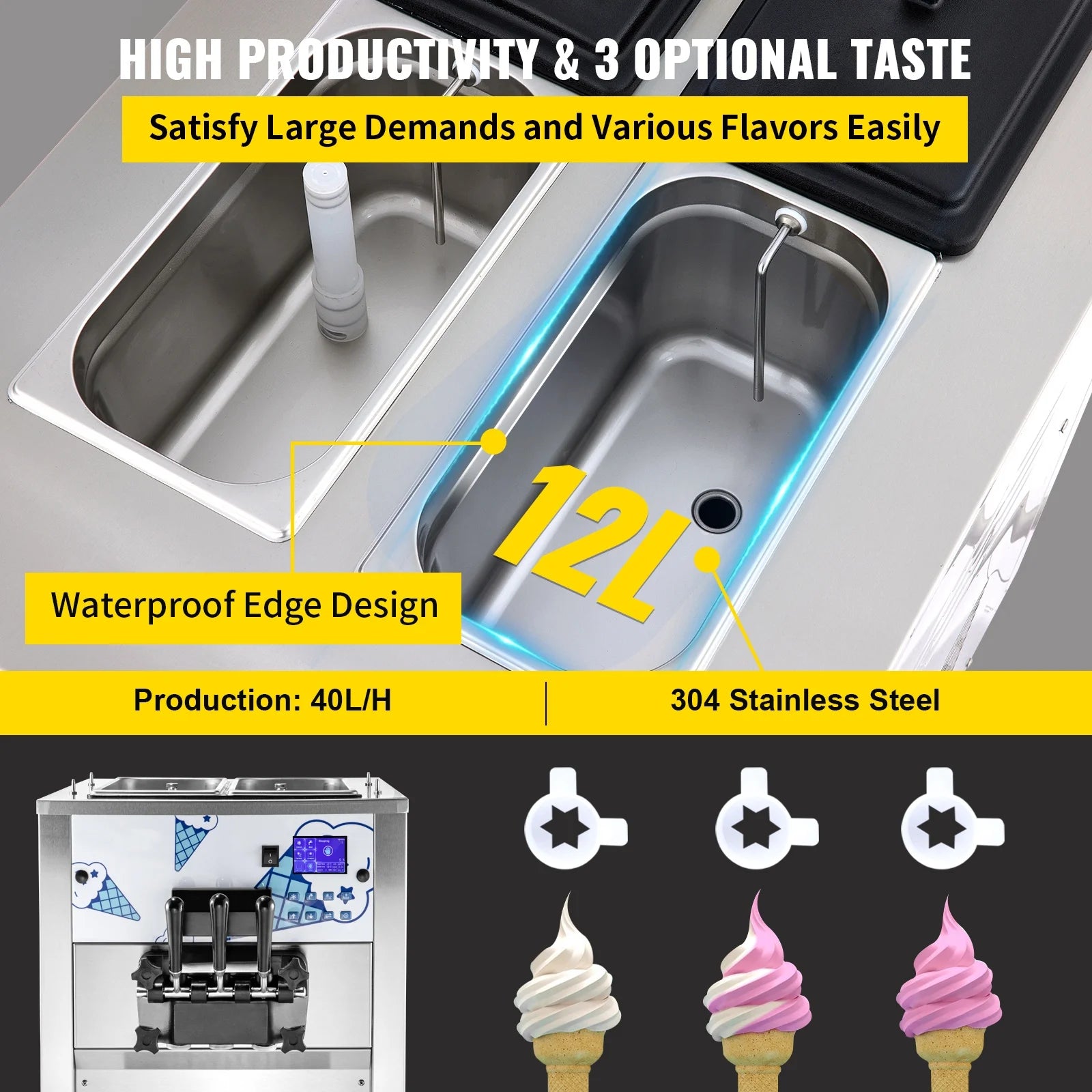 Commercial Ice Cream Maker 2500W with Two 12L Hoppers Soft Serve Machine with 3 Flavors Compressor LCD Panel G78419
