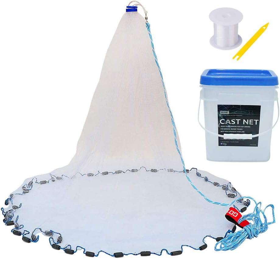 American Saltwater Fishing Cast Net for Bait Trap Fish, 3ft/4ft/6ft/8ft/10ft/12ft Radius, 3/8inch Mesh Size J75834