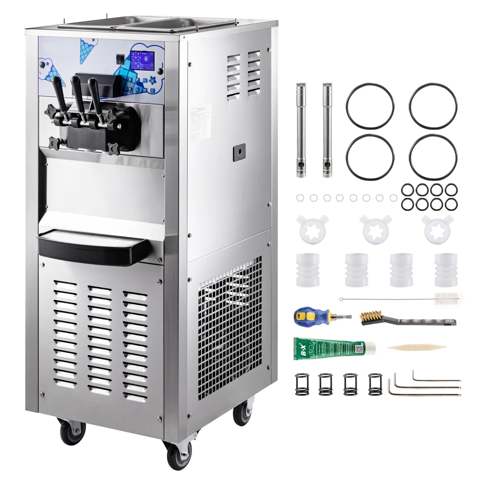 Commercial Ice Cream Maker 2500W with Two 12L Hoppers Soft Serve Machine with 3 Flavors Compressor LCD Panel G78419