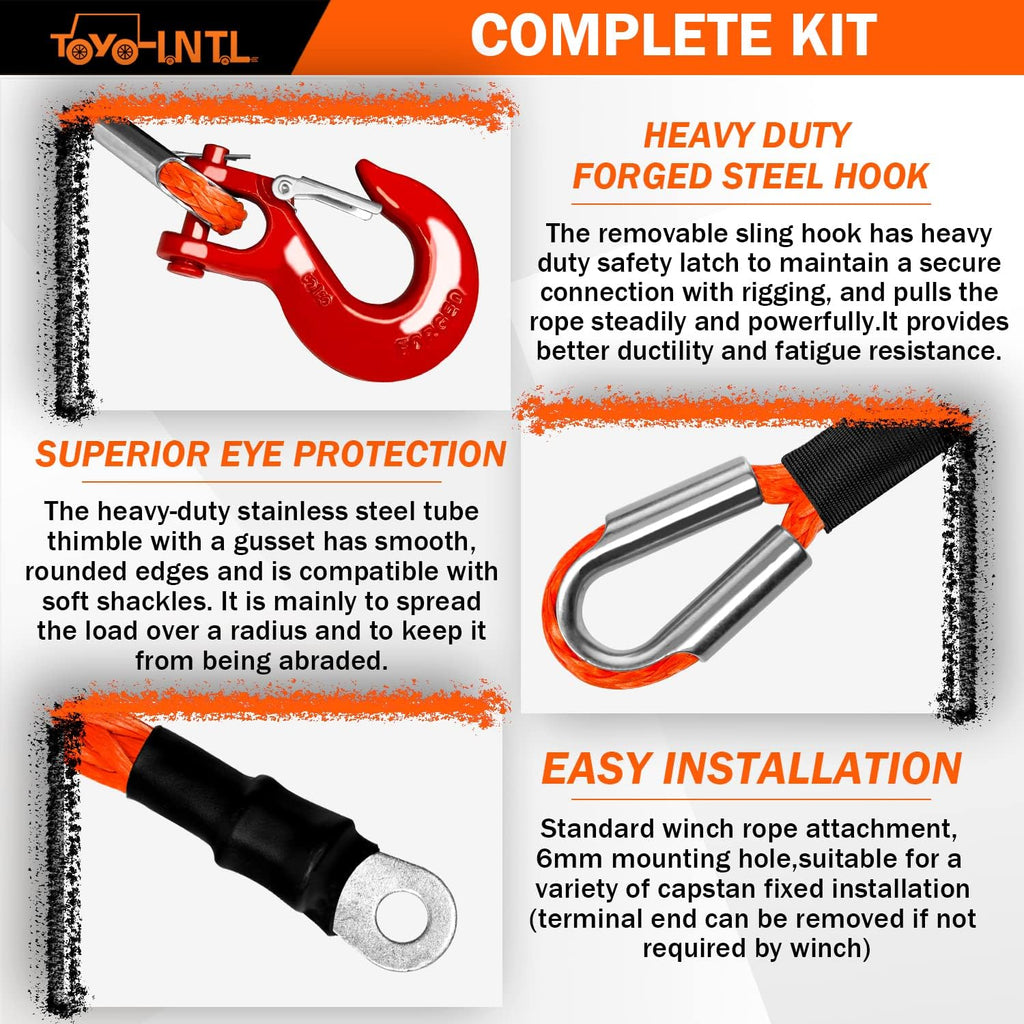 3/8" x 100ft Synthetic Winch Rope with Hook and Sleeve Protection Orange Recovery Cable Rope J55267