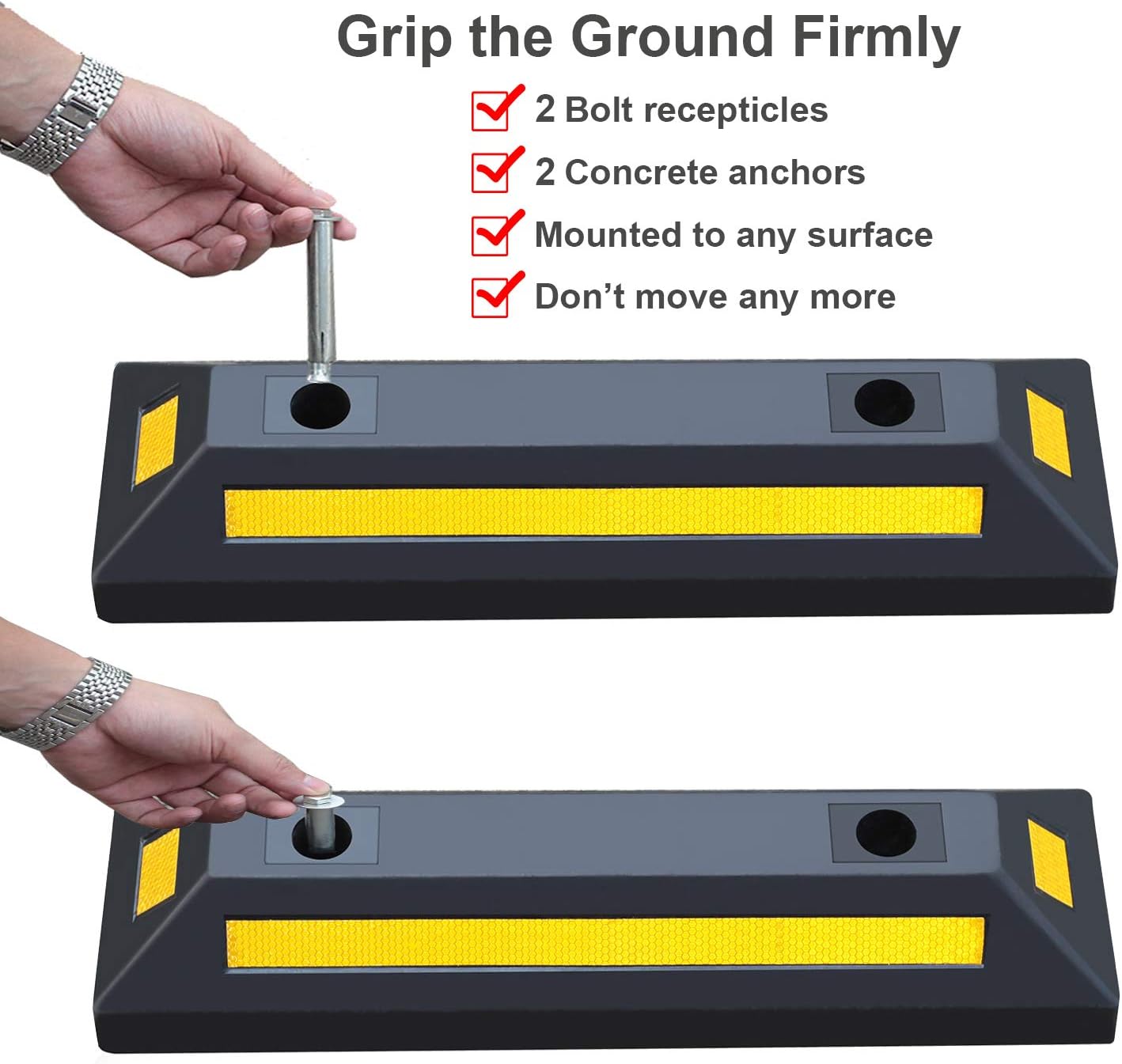2 Pack Rubber Parking Guide Blocks with Yellow Reflective Stripes 21.25x5.7x3.54 N824