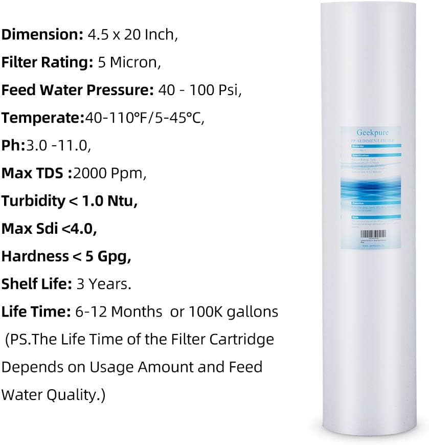 20 Inch Whole House Replacement Water Filter Cartridges PP Sediment and Block Carbon Filters 5 Micron Pack of 6 V99564