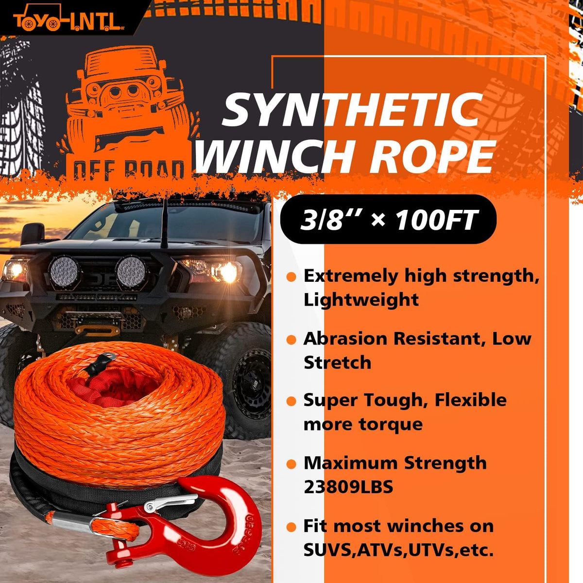 3/8" x 100ft Synthetic Winch Rope with Hook and Sleeve Protection Orange Recovery Cable Rope J55267