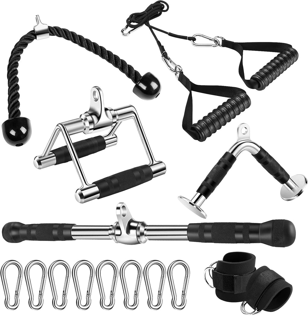 Cable Machine Attachments with Tricep Rope, V Shaped Bar, Straight Bar, Double D Handles, Ankle Straps Q19431