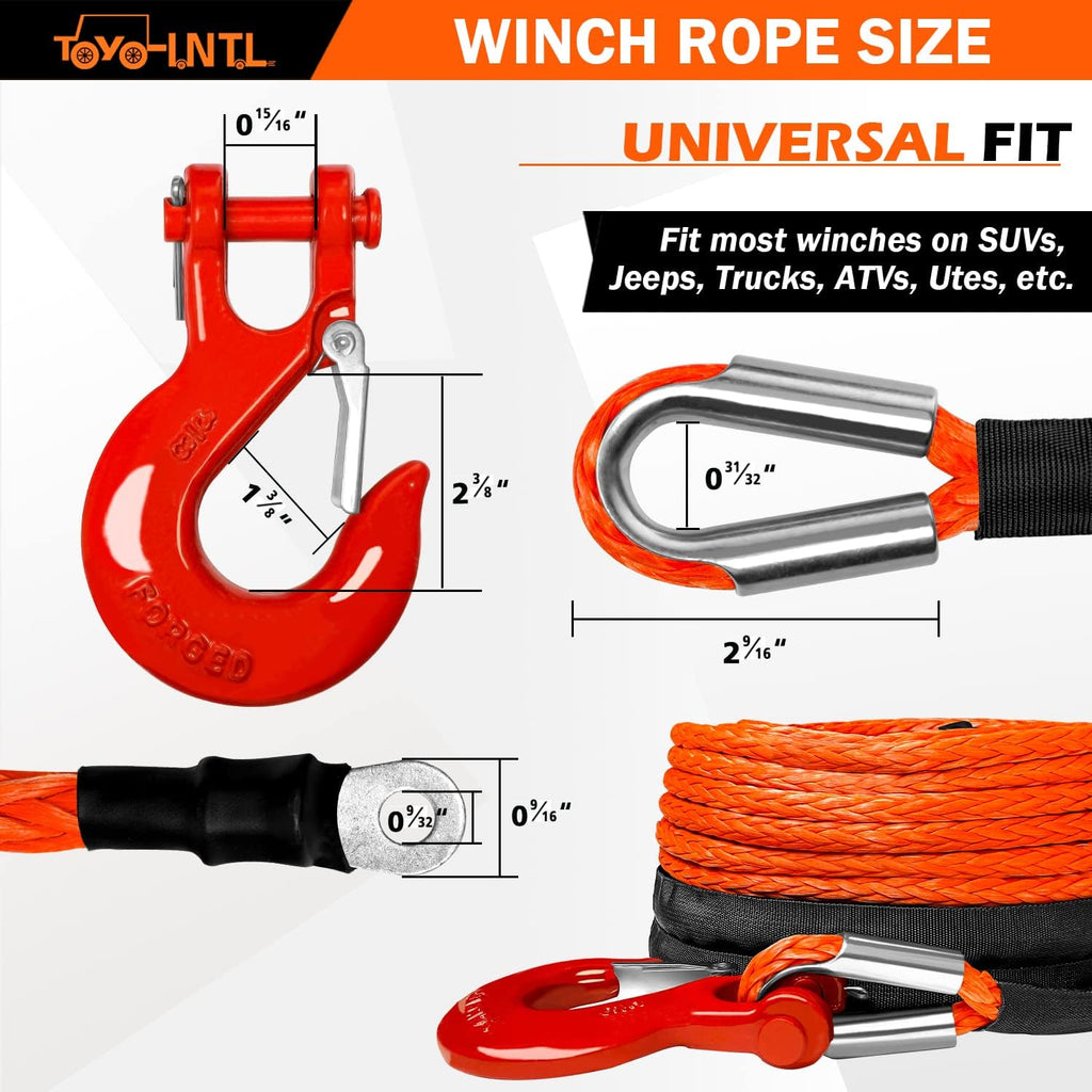 3/8" x 100ft Synthetic Winch Rope with Hook and Sleeve Protection Orange Recovery Cable Rope J55267