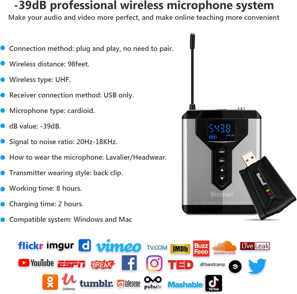 Wireless USB Microphone for Computer, 98 feet, Plug & Play J2268