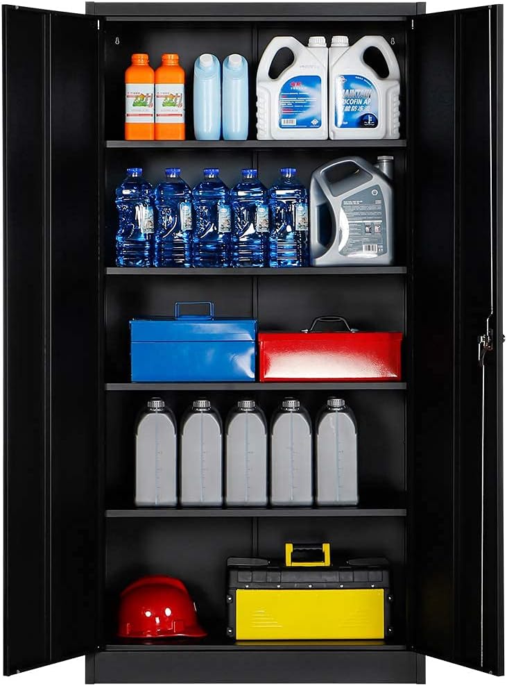 Black 70.8 H Metal Storage Cabinet with 4 Adjustable Shelf and 2 Locking Doors P921