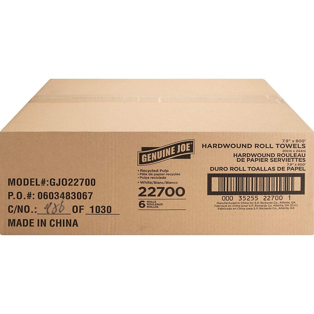 Hard Wound Roll Towel, 800' Length x 7-8/9 Width, White, Case of 6 D7750