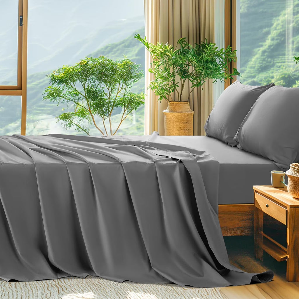 King Size 600 Thread Count Cotton Bed Sheet Set 4 PC Grey J7646