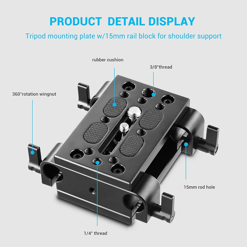 Camera Tripod Mounting Baseplate with 15mm Rod Clamp Rail Block Z7872