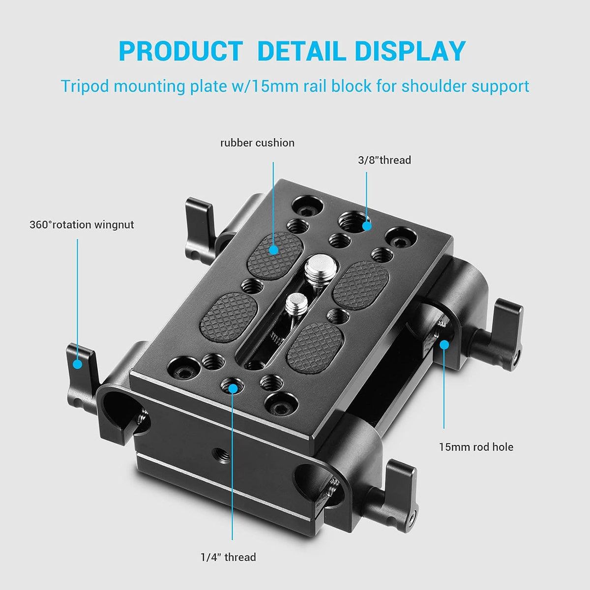 Camera Tripod Mounting Baseplate with 15mm Rod Clamp Rail Block Z7872