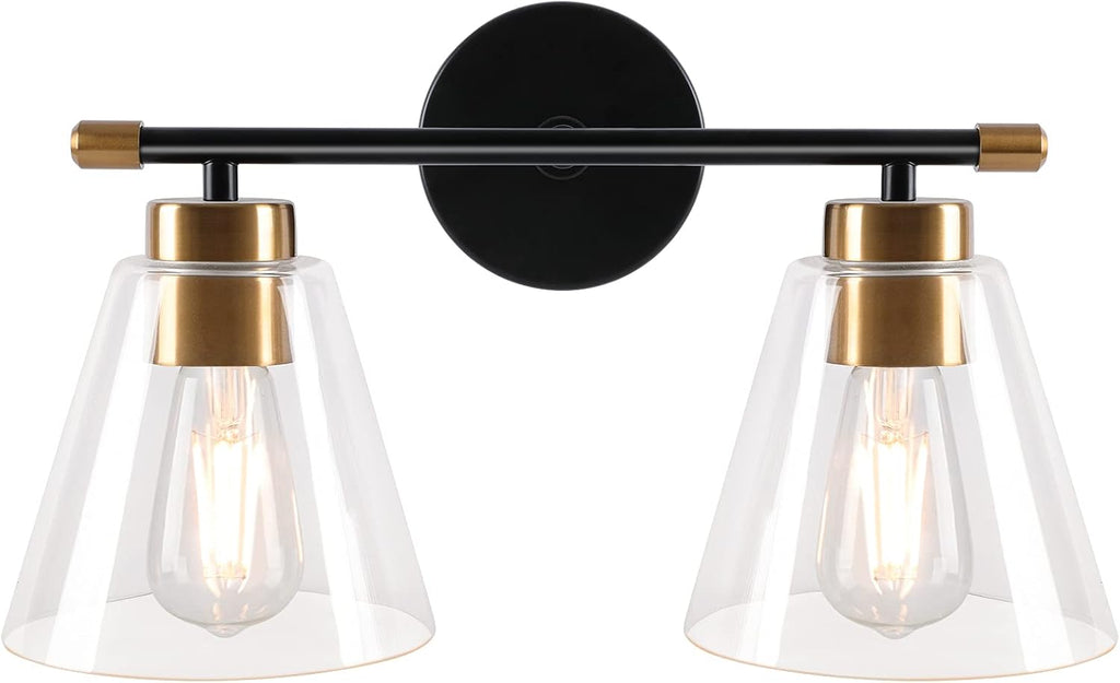 2-Light Matte Black Wall Sconce with Clear Glass Shade and Gold Base Z5069