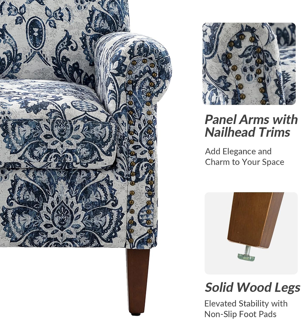Navy Accent Chair with Wood Legs and Removable Cushion N214