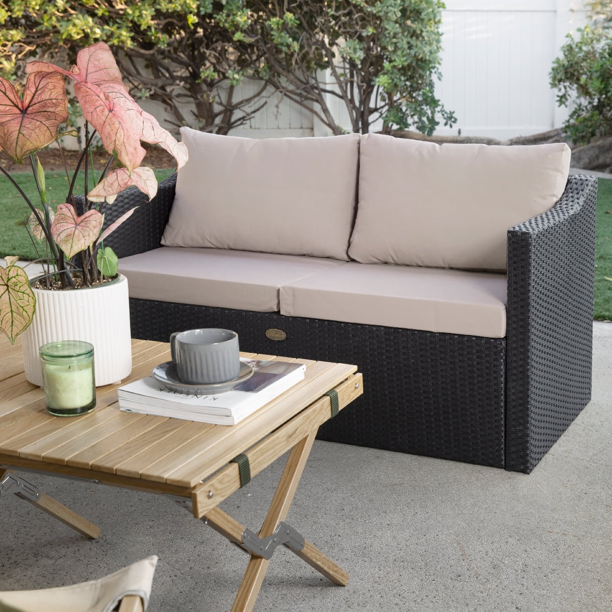 Black Wicker Rattan 2-Seater Patio Sofa with Cushions U160770