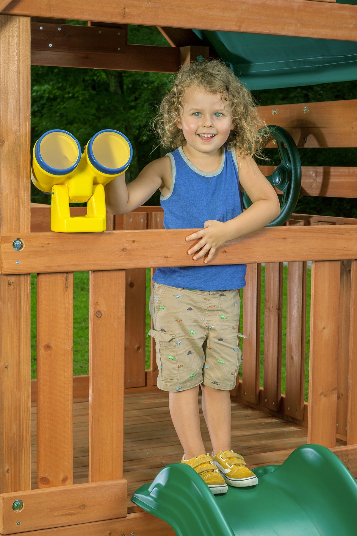 Wooden Swing Sets with Tarp Roof & Green Slide Z373