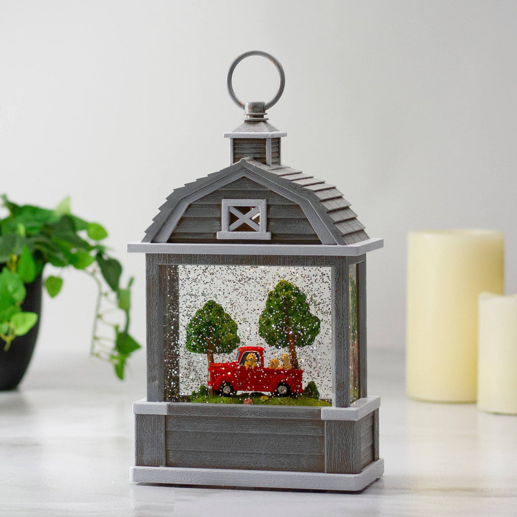 12.75x22 Lighted Gray Barn Snow Globe with Red Truck and Dogs G840630