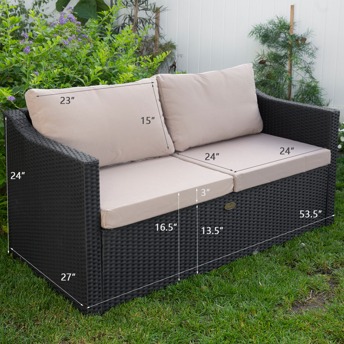 Black Wicker Rattan 2-Seater Patio Sofa with Cushions U160770