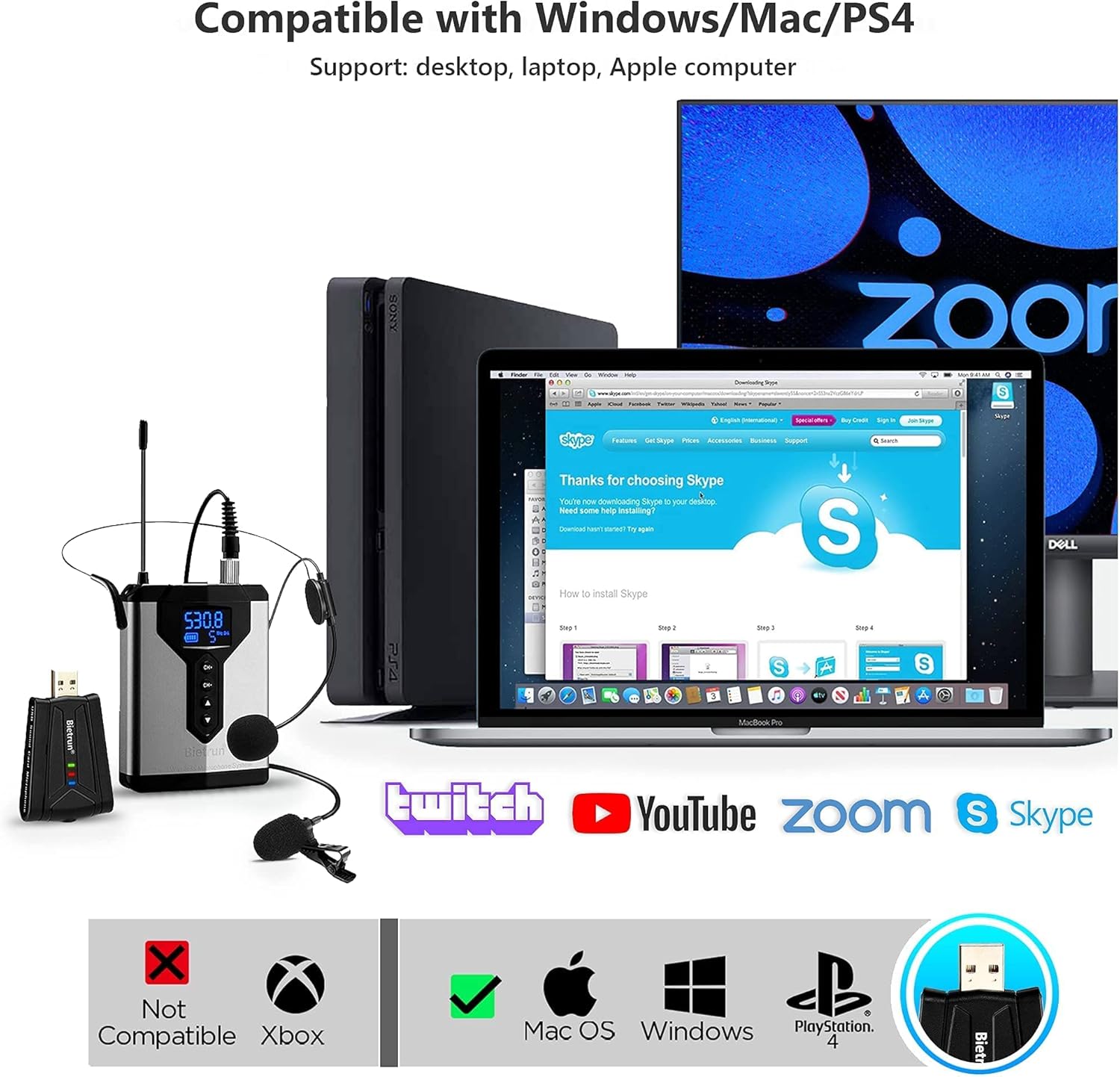 Wireless USB Microphone for Computer, 98 feet, Plug & Play J2268