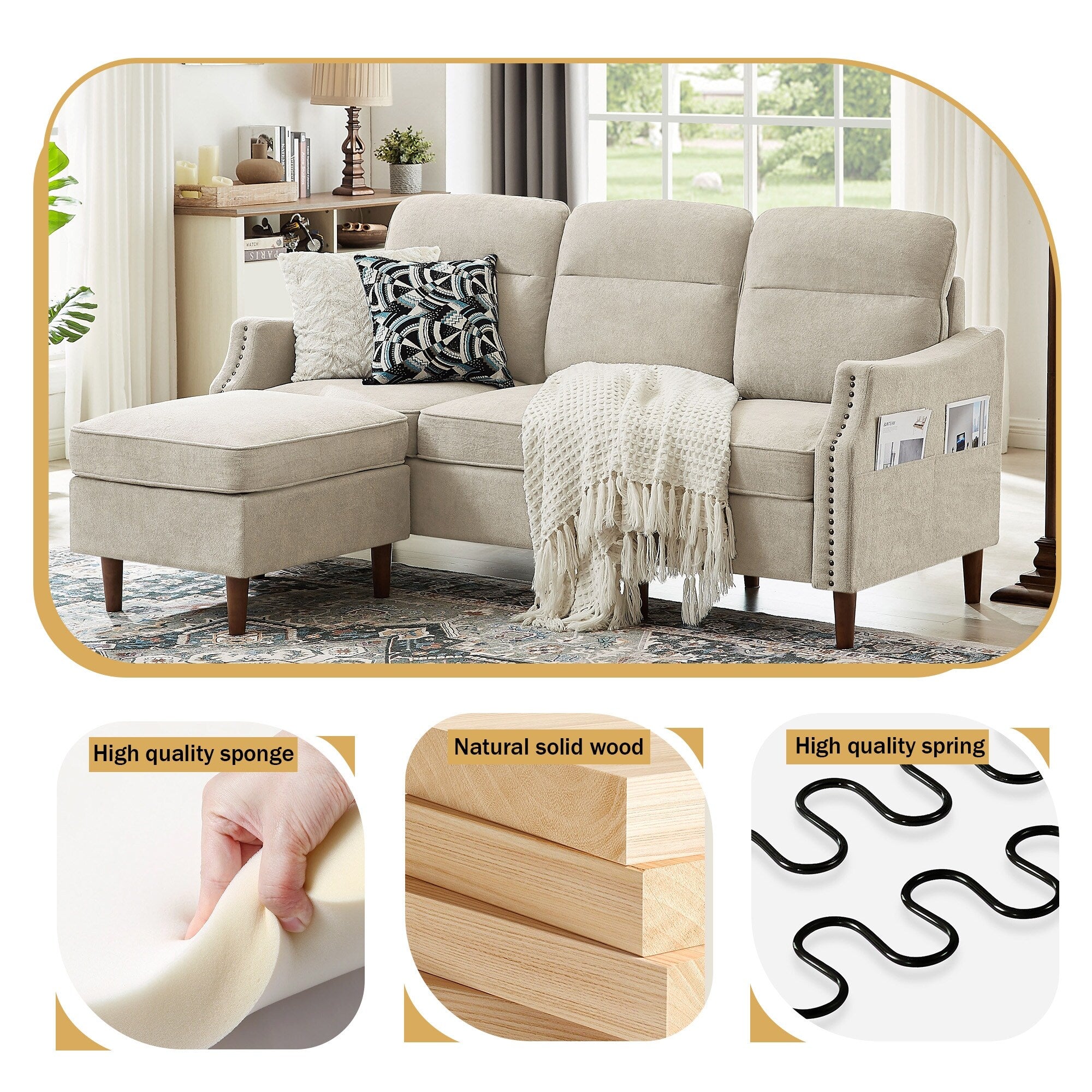 Beige L-Shaped Sectional Sofa Couch with Storage Bags X6944