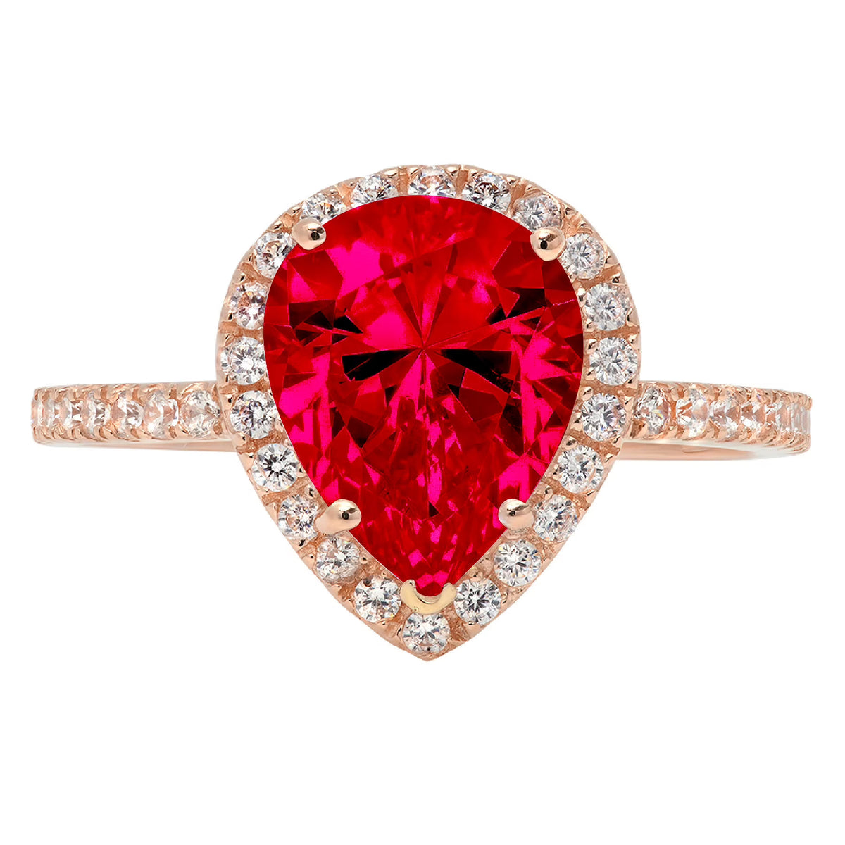 Pear Cut Red Simulated Ruby 18k Pink Rose Gold Halo Ring Size 3.5 V2054