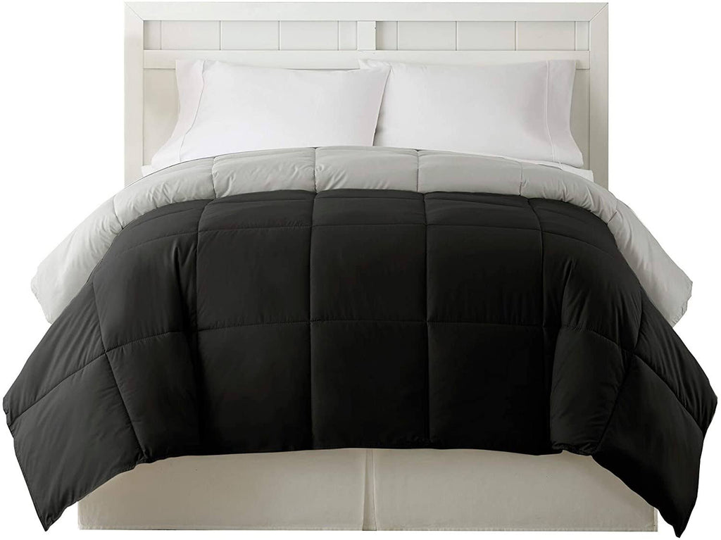 Twin Size Box Quilted Comforter Black Silver Microfiber A926