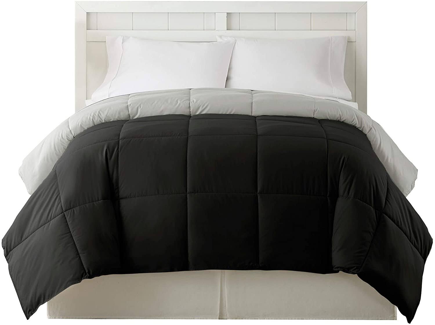 Twin Size Box Quilted Comforter Black Silver Microfiber A926
