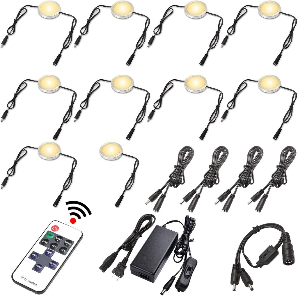 LED Under Cabinet Lighting Linkable Kit, Wireless Dimmable Puck Lights, RF Remote Control, 12 Lights, Daylight Pack of 2 J4993