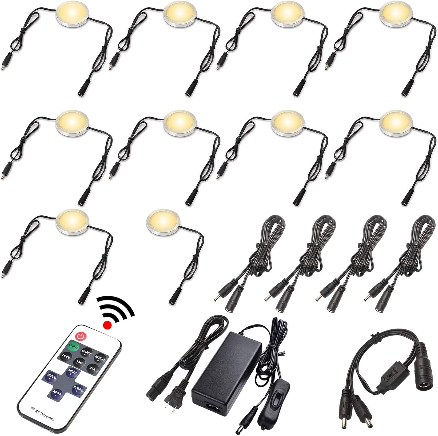 LED Under Cabinet Lighting Linkable Kit, Wireless Dimmable Puck Lights, RF Remote Control, 12 Lights, Daylight Pack of 2 J4993