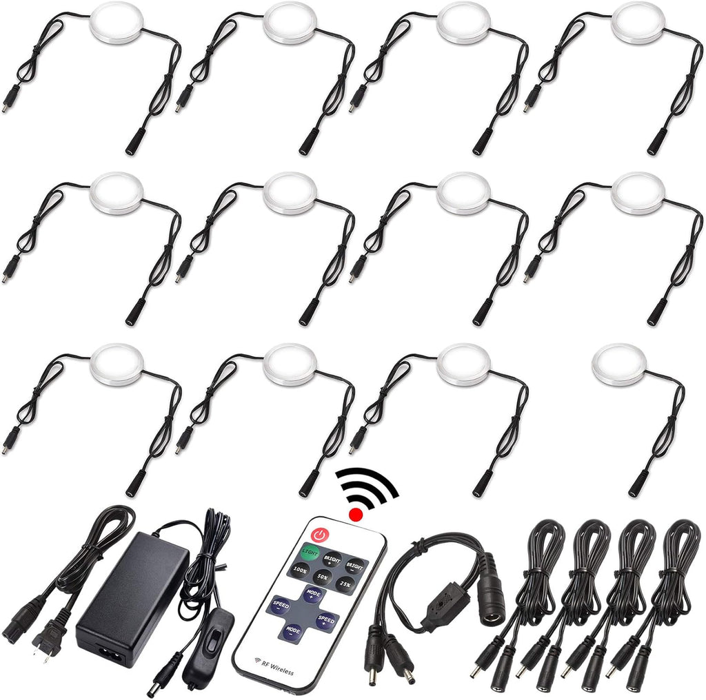 LED Under Cabinet Lighting Linkable Kit, Wireless Dimmable Puck Lights, RF Remote Control, 12 Lights, Daylight Pack of 2 J4993