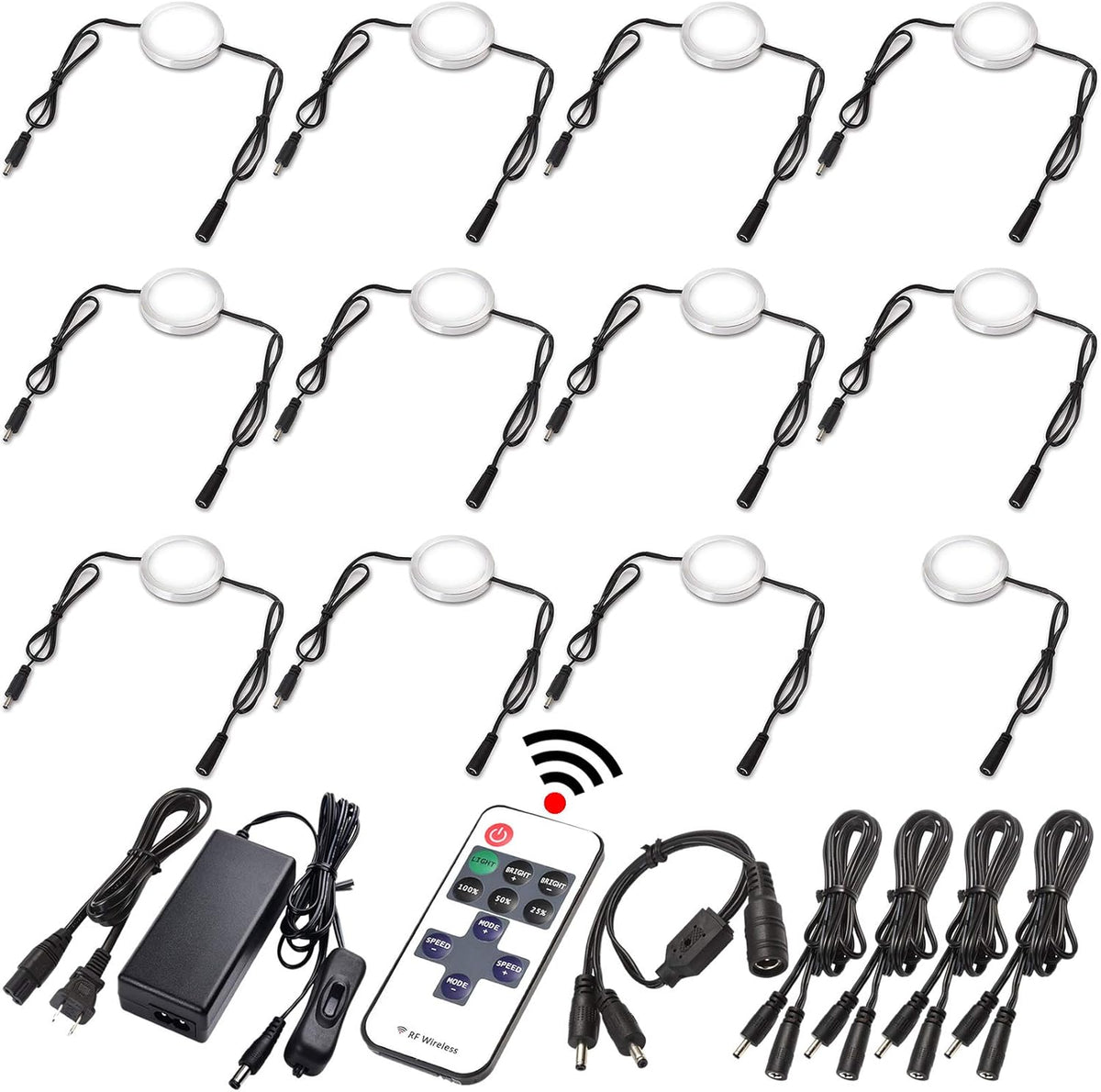 LED Under Cabinet Lighting Linkable Kit, Wireless Dimmable Puck Lights, RF Remote Control, 12 Lights, Daylight Pack of 2 J4993