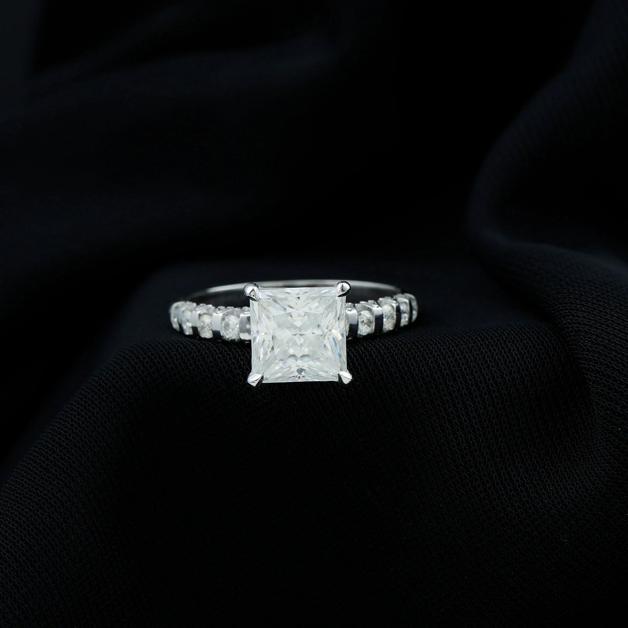 Princess Cut Moissanite Solitaire Engagement Ring with Side Stones, 925 Sterling Silver K218