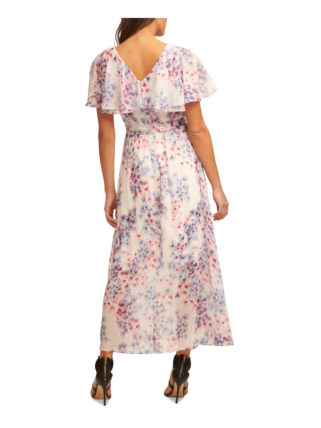 Ivory Floral Flutter Sleeve V Neck Maxi Dress E8297